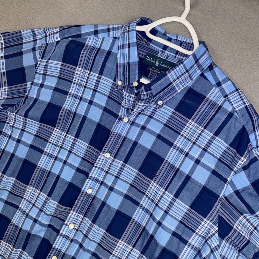 Ralph Lauren Shirt Mens XXL 2XL Blue Plaid Classic Fit Short Sleeve Button Pony